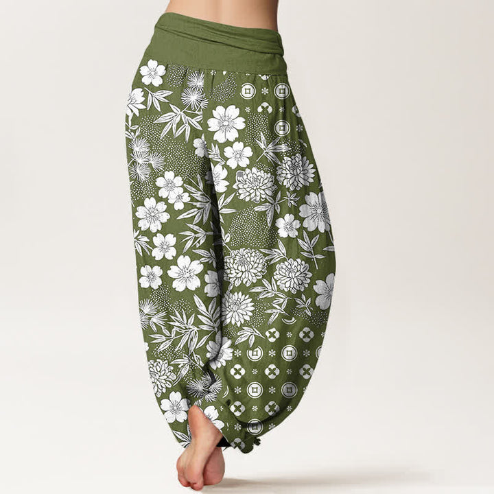 Buddha Stones Pantalones harem de algodón con estampado geométrico floral bohemio y monedas para mujer, cintura elástica. - image 9