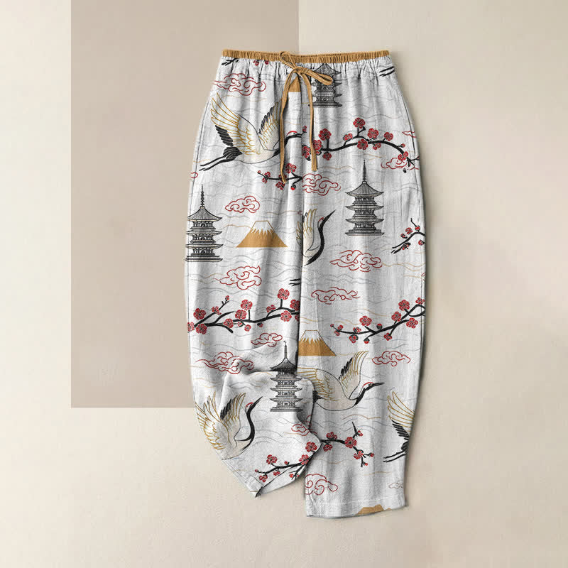 Buddha Stones Pantalones de mujer de algodón puro con estampado de grulla de montaña y cintura elástica con bolsillos. - Blanco floral - US16，UK/AU20，EU48 (3XL) - image 0
