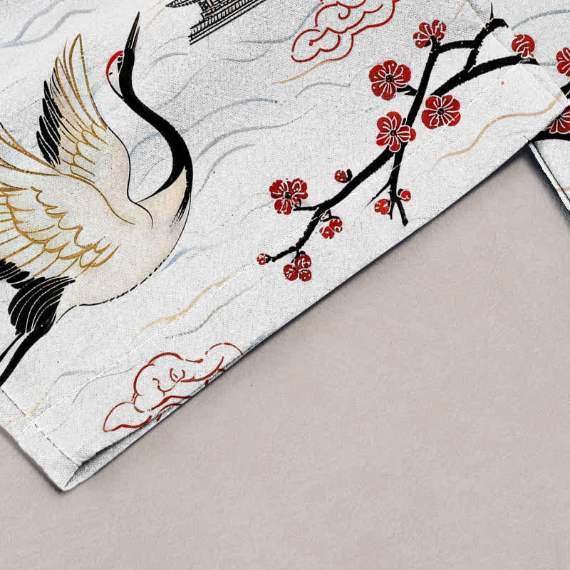 Buddha Stones Pantalones de mujer de algodón puro con estampado de grulla de montaña y cintura elástica con bolsillos. - image 1