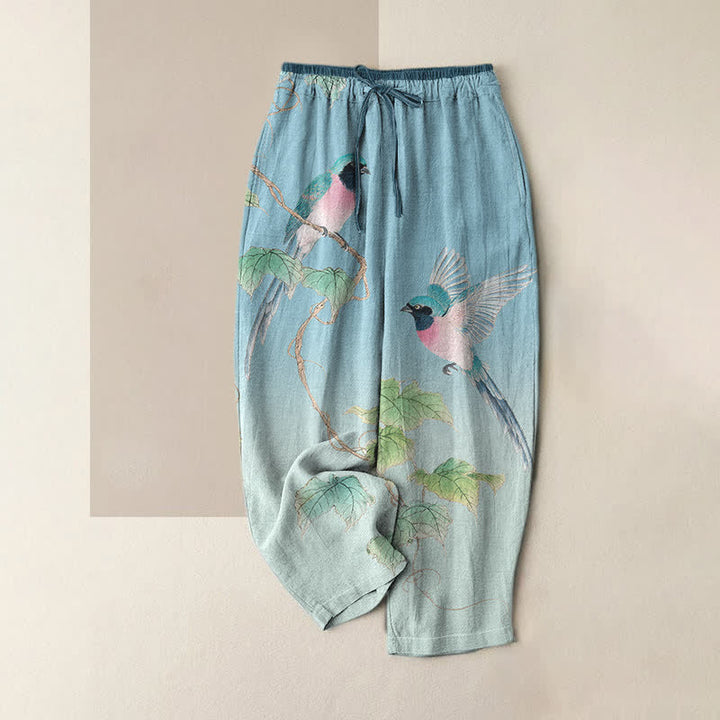 Buddha Stones Pantalones de mujer de algodón puro con elegante estampado de ramas y pájaros, cintura elástica y bolsillos. - Azul claro - US16，UK/AU20，EU48 (3XL) - image 0