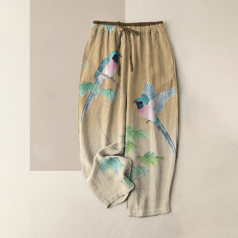 Buddha Stones Pantalones de mujer de algodón puro con elegante estampado de ramas y pájaros, cintura elástica y bolsillos. - Broncearse - US16，UK/AU20，EU48 (3XL) - image 3