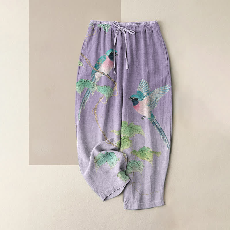 Buddha Stones Pantalones de mujer de algodón puro con elegante estampado de ramas y pájaros, cintura elástica y bolsillos. - Lavanda - US16，UK/AU20，EU48 (3XL) - image 4