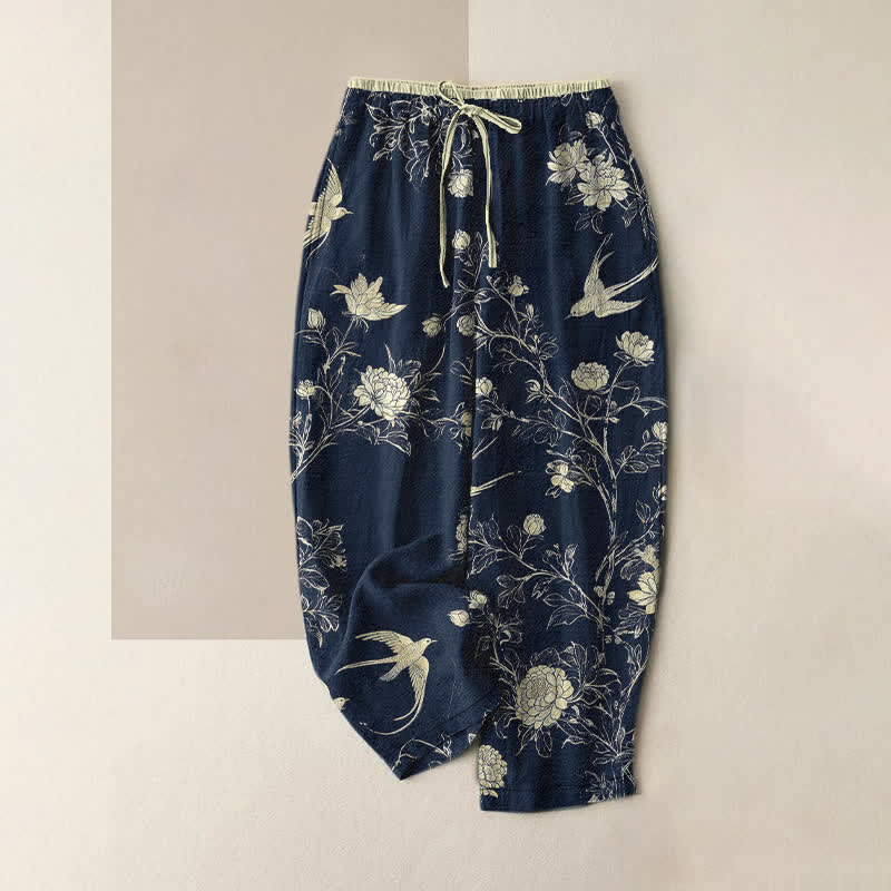 Buddha Stones Pantalones de mujer de algodón puro con estampado botánico de flores y pájaros, cintura elástica y bolsillos. - Azul medianoche - US16，UK/AU20，EU48 (3XL) - image 0