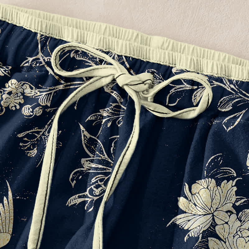 Buddha Stones Pantalones de mujer de algodón puro con estampado botánico de flores y pájaros, cintura elástica y bolsillos. - image 1
