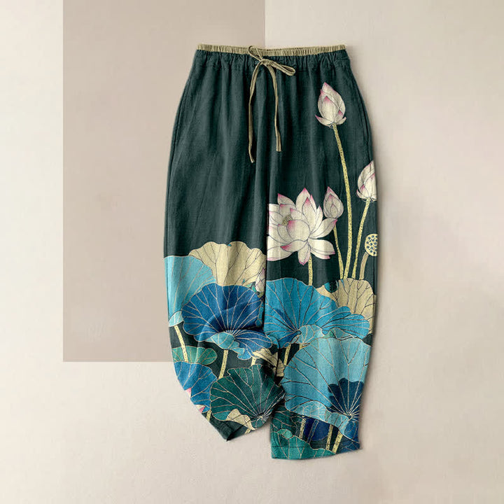 Buddha Stones Pantalones de mujer de algodón puro con estampado de flor de loto Serene y cintura elástica con bolsillos. - Verde azulado - US16，UK/AU20，EU48 (3XL) - image 0