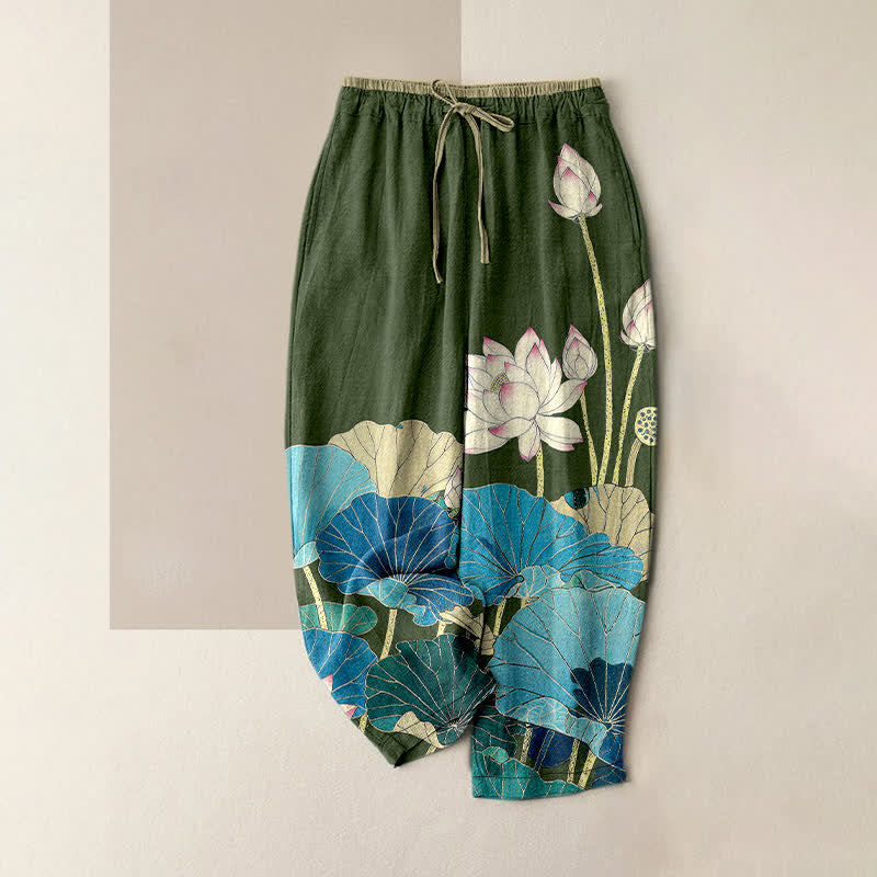 Buddha Stones Pantalones de mujer de algodón puro con estampado de flor de loto Serene y cintura elástica con bolsillos. - Verde oliva oscuro - US16，UK/AU20，EU48 (3XL) - image 4