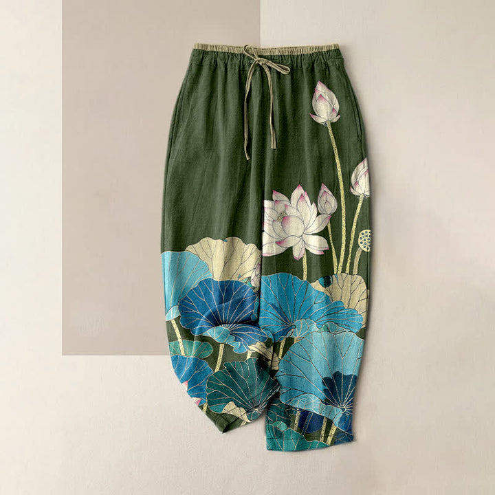 Buddha Stones Pantalones de mujer de algodón puro con estampado de flor de loto Serene y cintura elástica con bolsillos. - Verde oliva oscuro - US16，UK/AU20，EU48 (3XL) - image 4
