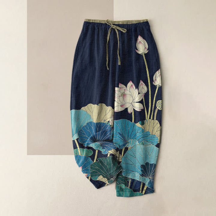 Buddha Stones Pantalones de mujer de algodón puro con estampado de flor de loto Serene y cintura elástica con bolsillos. - Azul medianoche - US16，UK/AU20，EU48 (3XL) - image 5