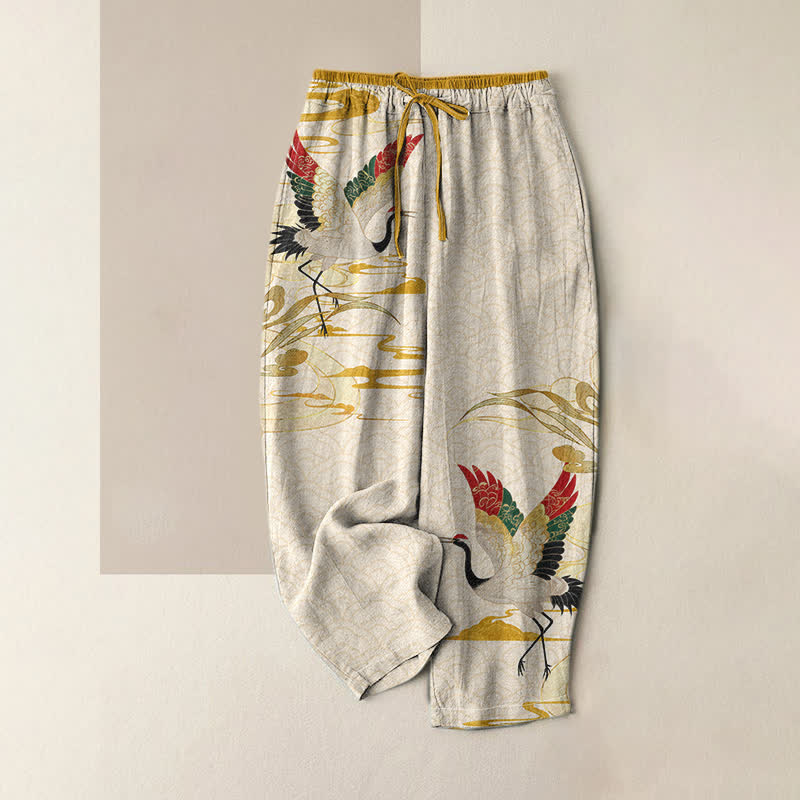 Buddha Stones Pantalones de mujer de algodón puro con estampado de grullas y nubes, cintura elástica y bolsillos. - Beige - US16，UK/AU20，EU48 (3XL) - image 0