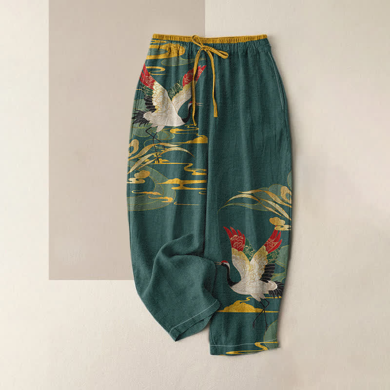 Buddha Stones Pantalones de mujer de algodón puro con estampado de grullas y nubes, cintura elástica y bolsillos. - Verde azulado - US16，UK/AU20，EU48 (3XL) - image 3