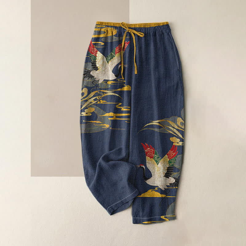 Buddha Stones Pantalones de mujer de algodón puro con estampado de grullas y nubes, cintura elástica y bolsillos. - Marina de guerra - US16，UK/AU20，EU48 (3XL) - image 4