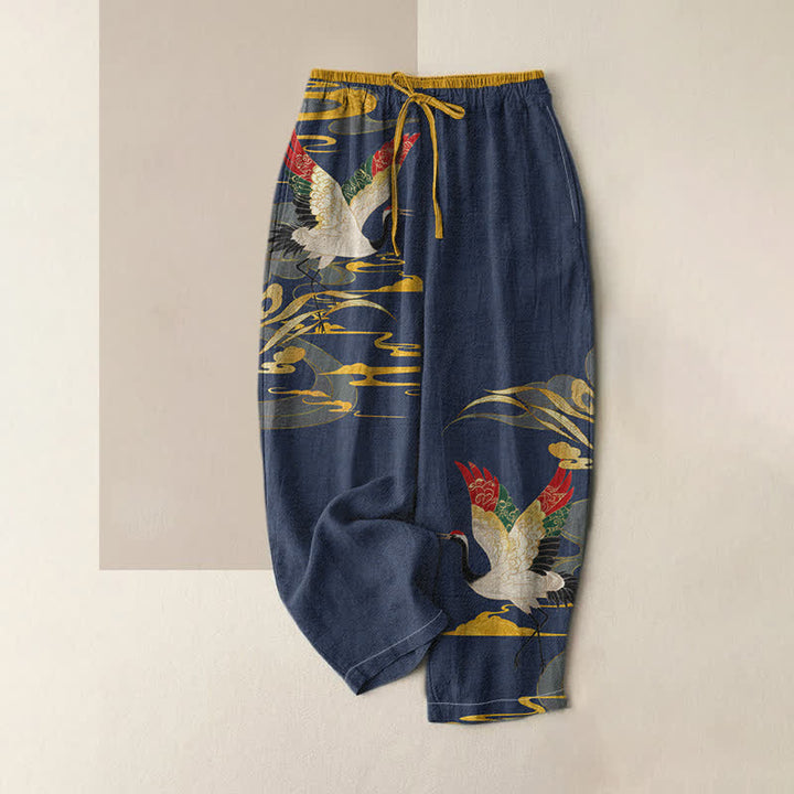 Buddha Stones Pantalones de mujer de algodón puro con estampado de grullas y nubes, cintura elástica y bolsillos. - Marina de guerra - US16，UK/AU20，EU48 (3XL) - image 4