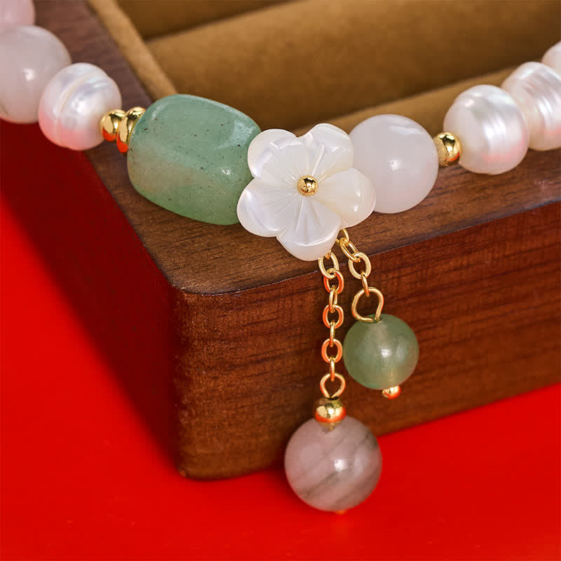 Buddha Stones Pulsera elástica con dije de flor de ágata verde y perla de agua dulce - image 9