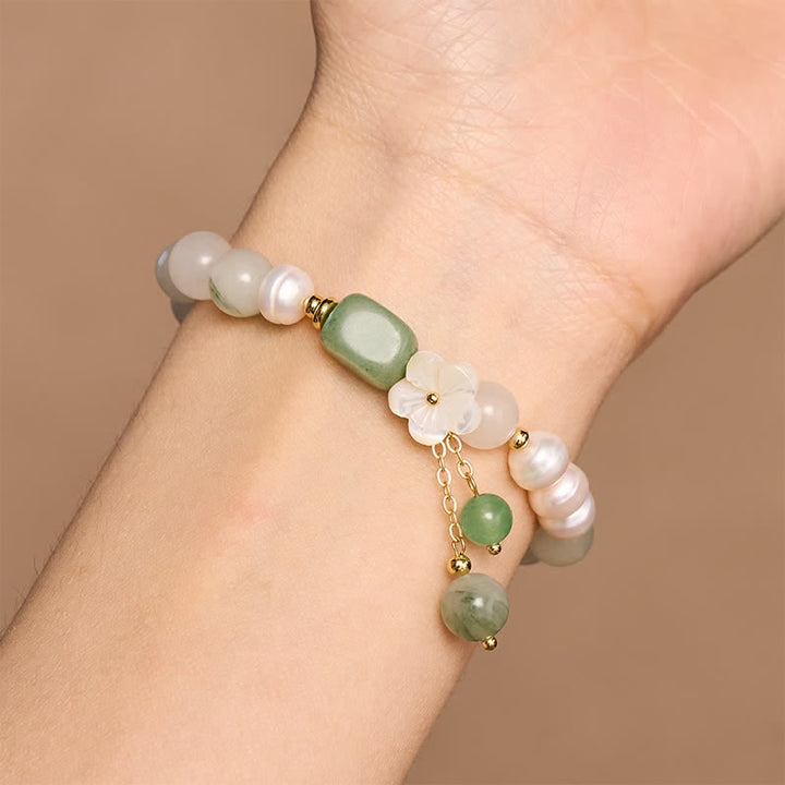 Buddha Stones Pulsera elástica con dije de flor de ágata verde y perla de agua dulce - image 8