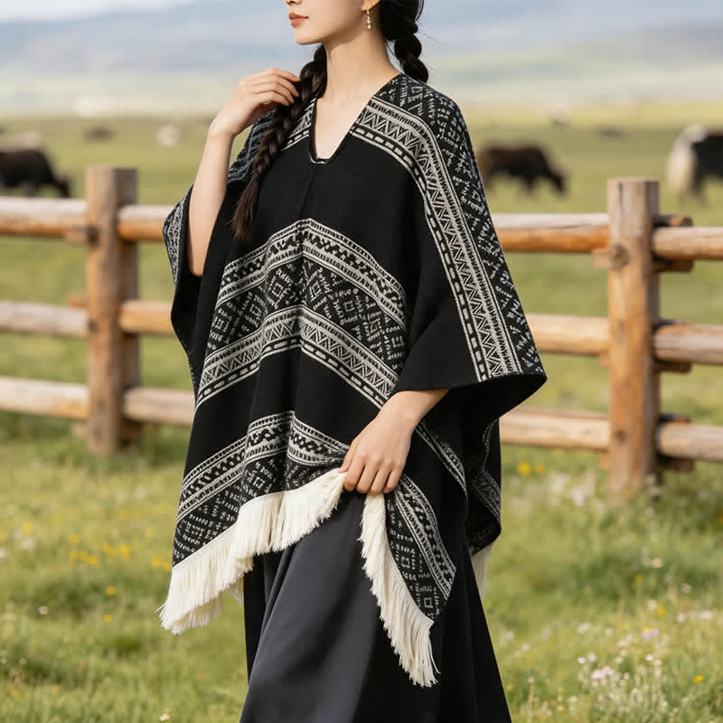 Buddha Stones Chal de mujer estilo boho con borlas y rayas geométricas para otoño/invierno - image 2