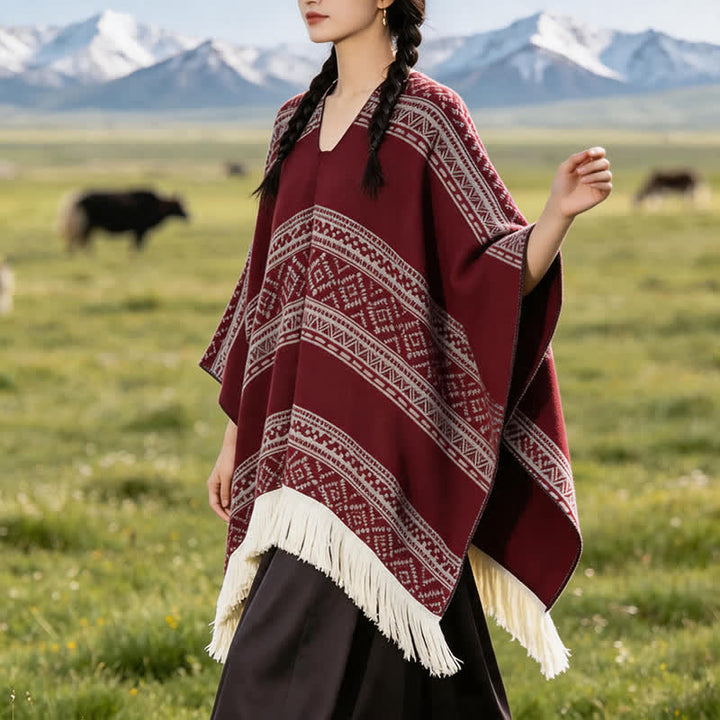 Buddha Stones Chal de mujer estilo boho con borlas y rayas geométricas para otoño/invierno - image 18