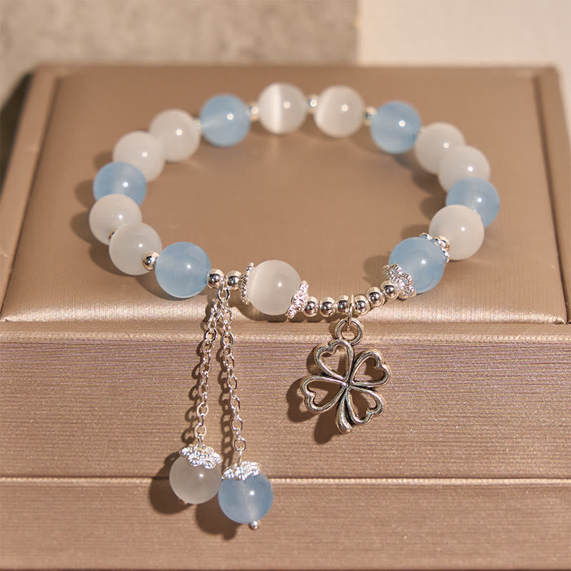 Buddha Stones Pulsera curativa con forma de corazón y trébol de cuatro hojas, ojo de gato aguamarina - image 1