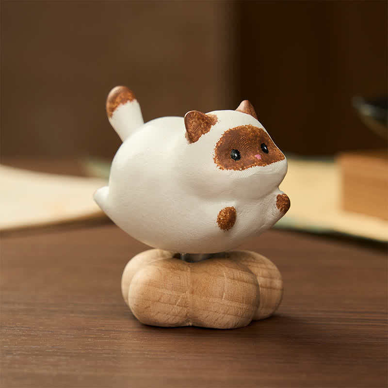 Buddha Stones Decoración de animales adorables: gato, perro, té giratorio de madera de haya - Madera de haya - Gato giratorio - image 0