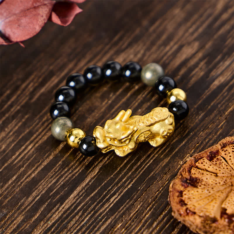 Buddha Stones Anillo mini elástico con cuentas de obsidiana negra, pirita, hematita y cobre Pi Xiu para la riqueza y la energía. - Obsidiana + Pirita - Grande: Se ajusta a las tallas 8-10 de US. - image 0