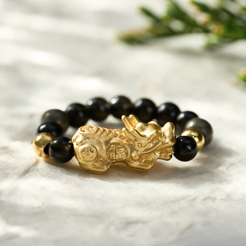 Buddha Stones Anillo mini elástico con cuentas de obsidiana negra, pirita, hematita y cobre Pi Xiu para la riqueza y la energía. - image 1