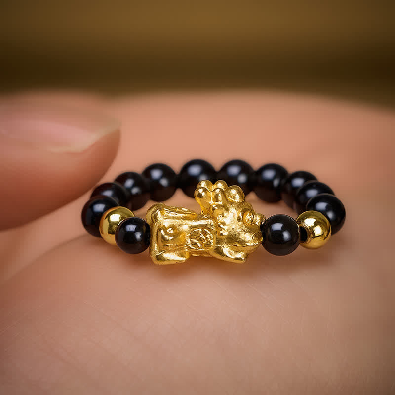 Buddha Stones Anillo mini elástico de cuentas Pi Xiu de cobre y obsidiana negra para sanación y energía. - image 9