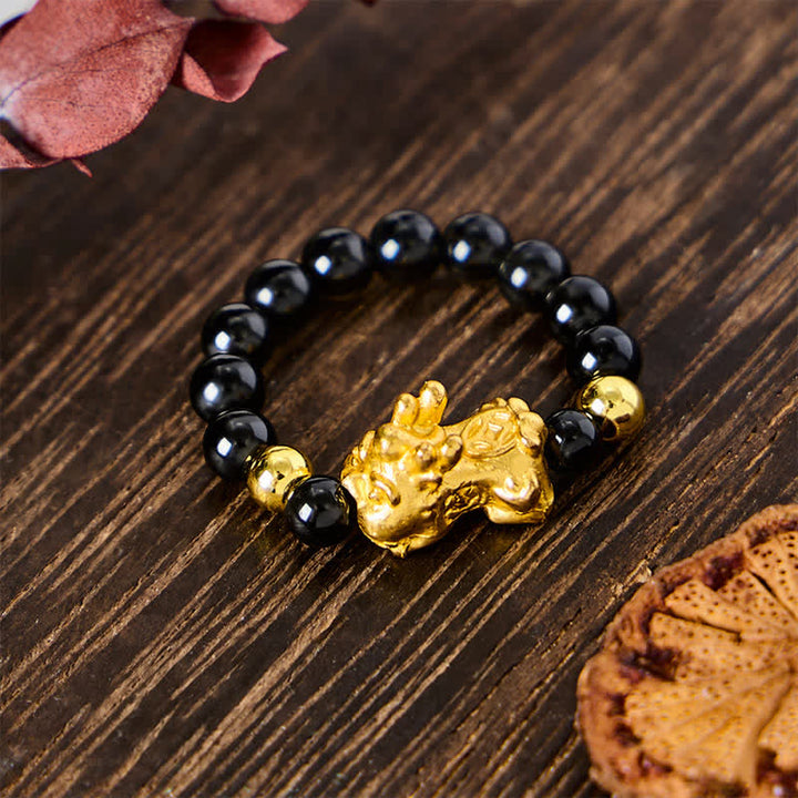 Buddha Stones Anillo mini elástico de cuentas Pi Xiu de cobre y obsidiana negra para sanación y energía. - image 2