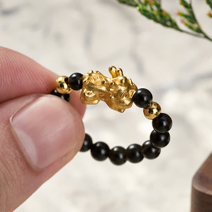 Buddha Stones Anillo mini elástico de cuentas Pi Xiu de cobre y obsidiana negra para sanación y energía. - image 4