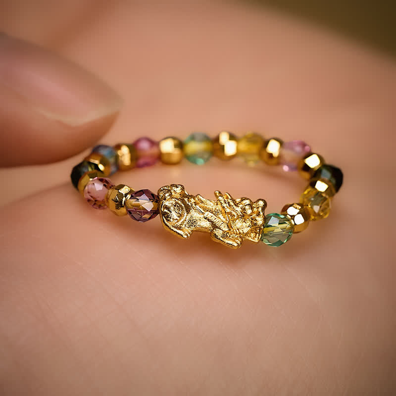 Buddha Stones Anillo mini elástico de cobre facetado multicolor Pi Xiu para la riqueza y la energía. - image 2