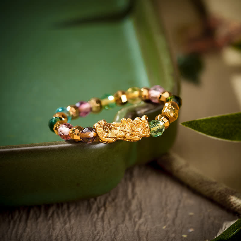 Buddha Stones Anillo mini elástico de cobre facetado multicolor Pi Xiu para la riqueza y la energía. - image 1