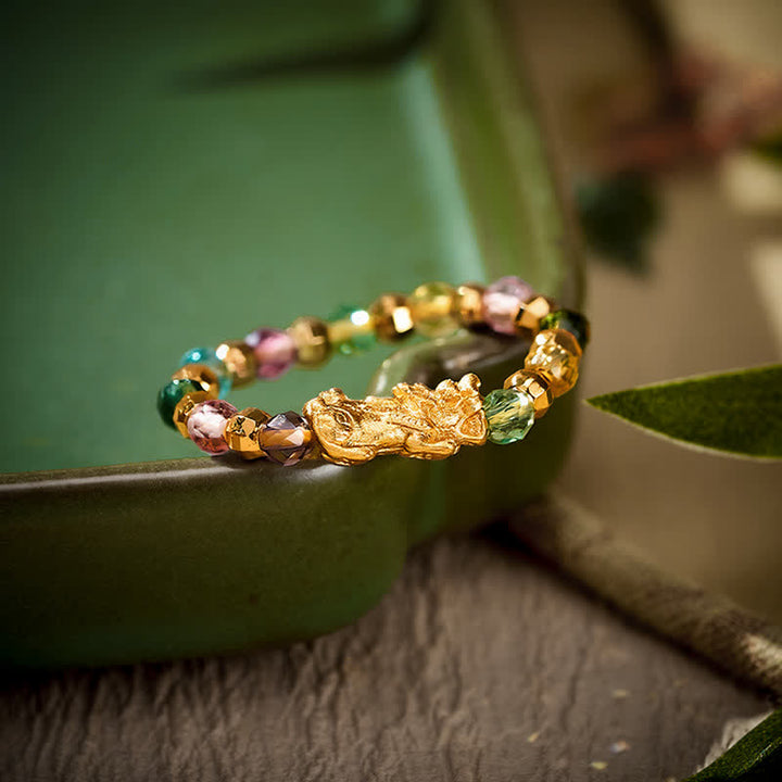 Buddha Stones Anillo mini elástico de cobre facetado multicolor Pi Xiu para la riqueza y la energía. - image 1