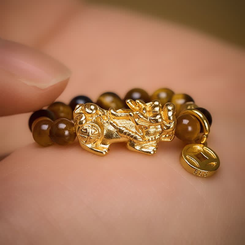 Buddha Stones Anillo pequeño elástico con cuentas de la moneda china Pi Xiu de la riqueza del ojo de tigre - image 2