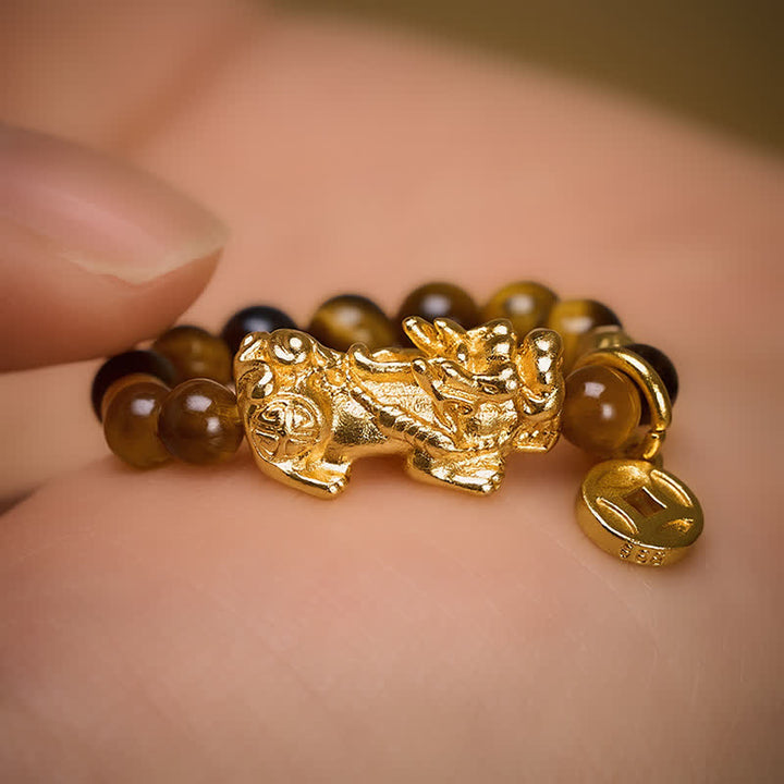 Buddha Stones Anillo pequeño elástico con cuentas de la moneda china Pi Xiu de la riqueza del ojo de tigre - image 2