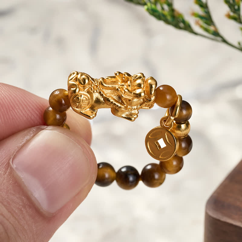 Buddha Stones Anillo pequeño elástico con cuentas de la moneda china Pi Xiu de la riqueza del ojo de tigre - image 4
