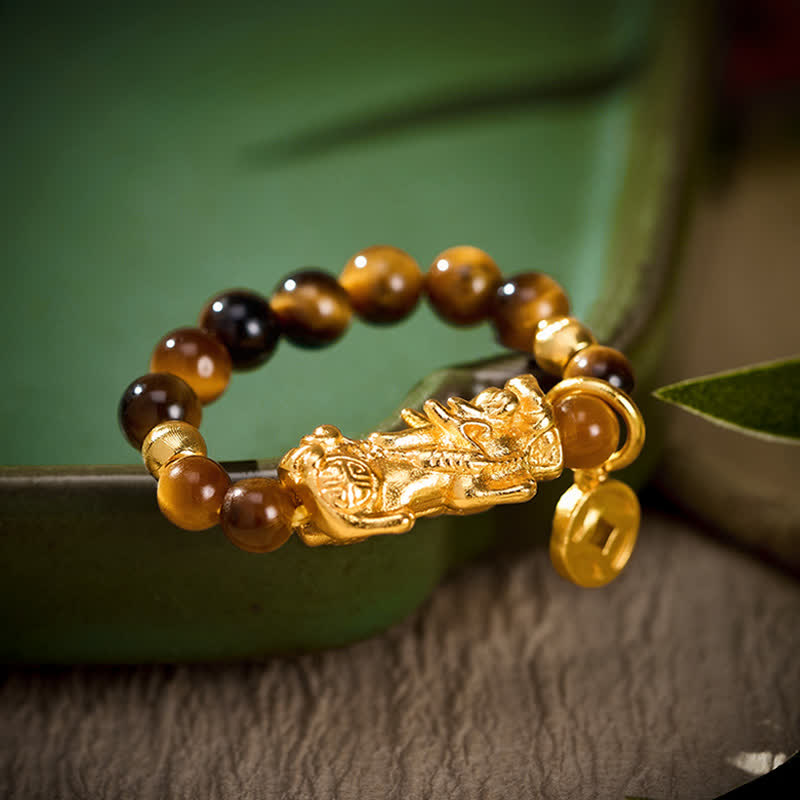 Buddha Stones Anillo pequeño elástico con cuentas de la moneda china Pi Xiu de la riqueza del ojo de tigre - Se ajusta a tallas US 6-8 (52-55 mm) - image 0
