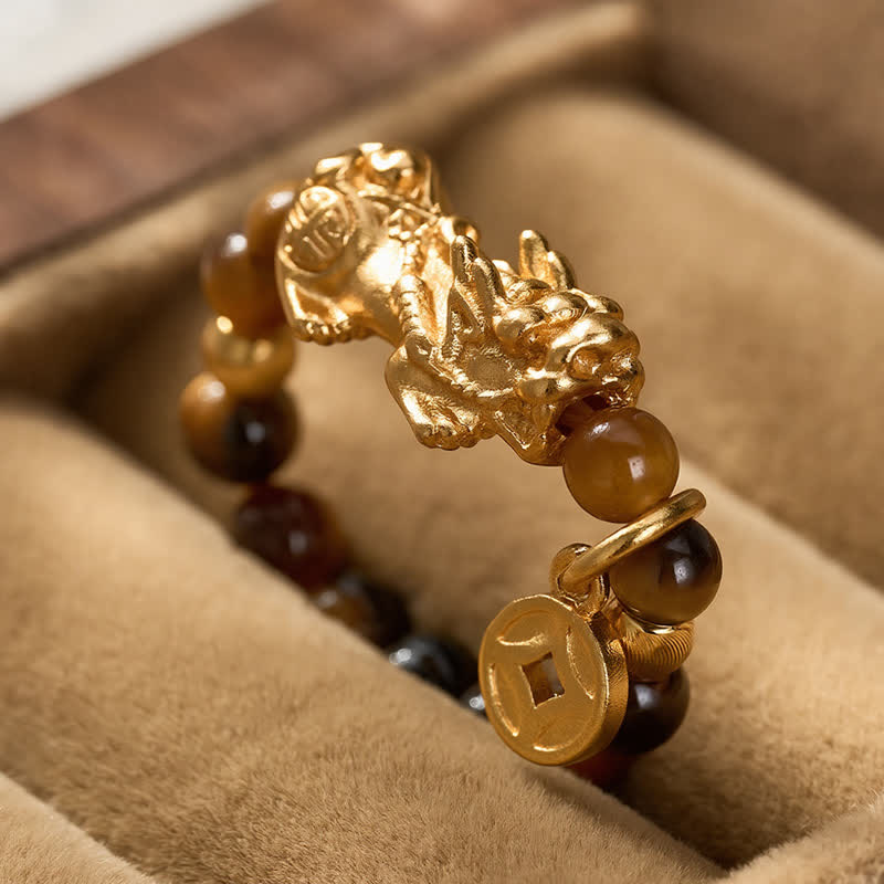 Buddha Stones Anillo pequeño elástico con cuentas de la moneda china Pi Xiu de la riqueza del ojo de tigre - image 3