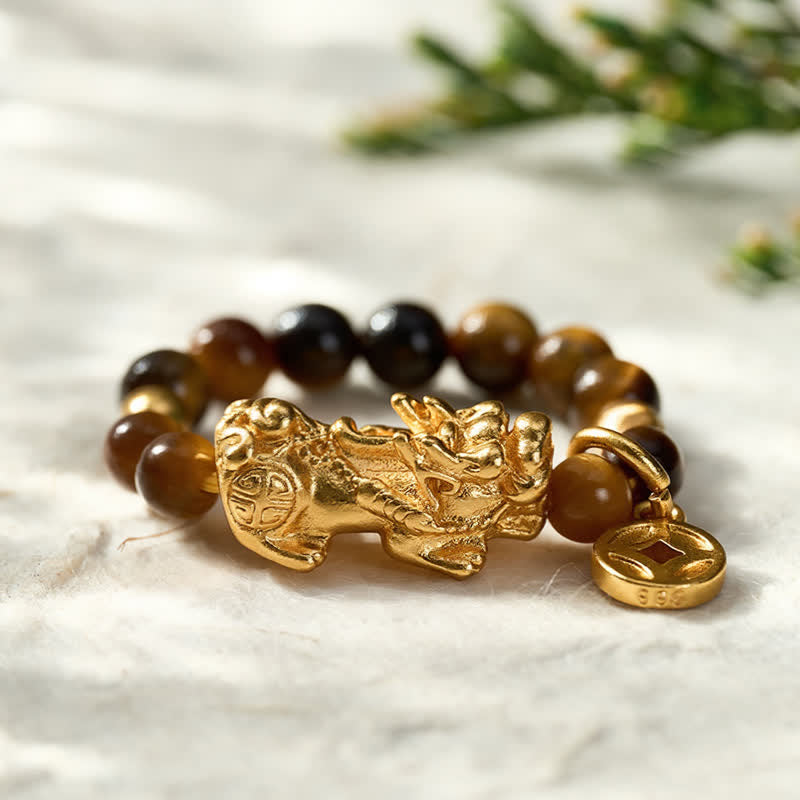Buddha Stones Anillo pequeño elástico con cuentas de la moneda china Pi Xiu de la riqueza del ojo de tigre - image 1