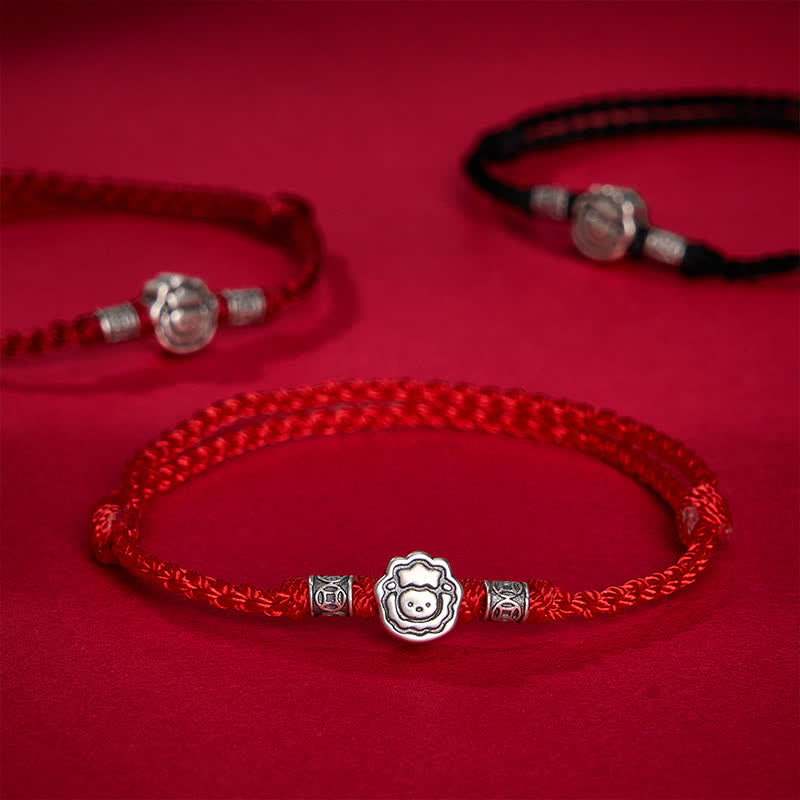 Buddha Stones Pulsera de protección y buena suerte con diseño de oveja roja y diseño de oveja adorable del Año de la Cabra (999) - image 0