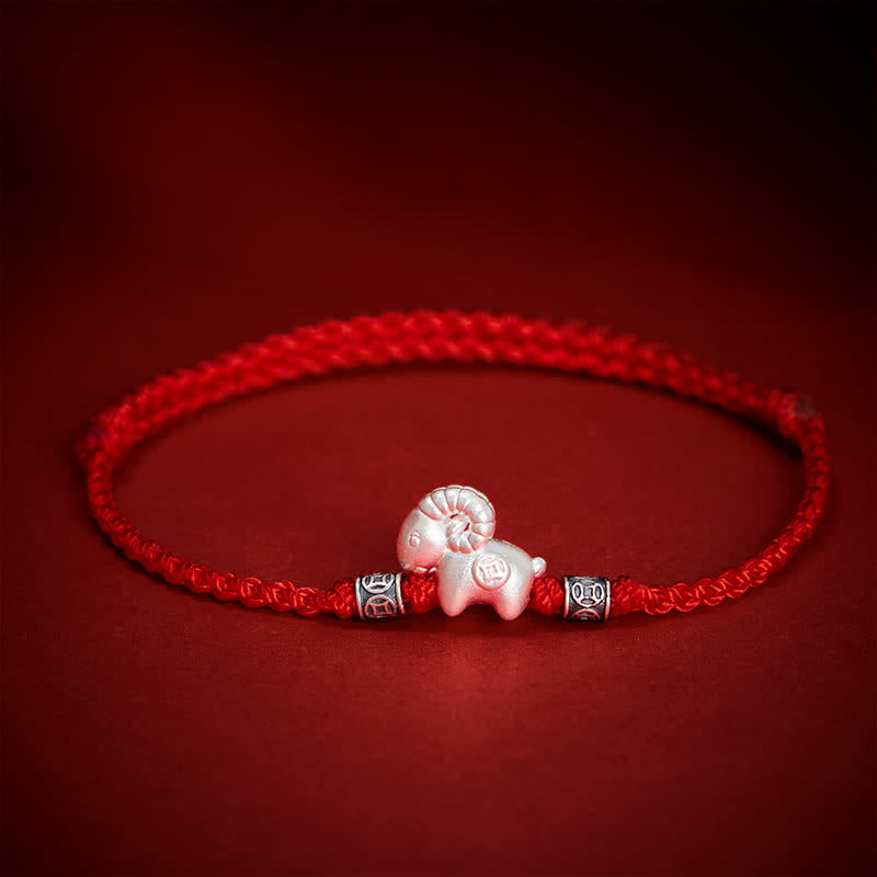 Buddha Stones Pulsera de plata de ley 999 con diseño de oveja y cuerda de fuerza del Año de la Cabra - Rojo - image 0
