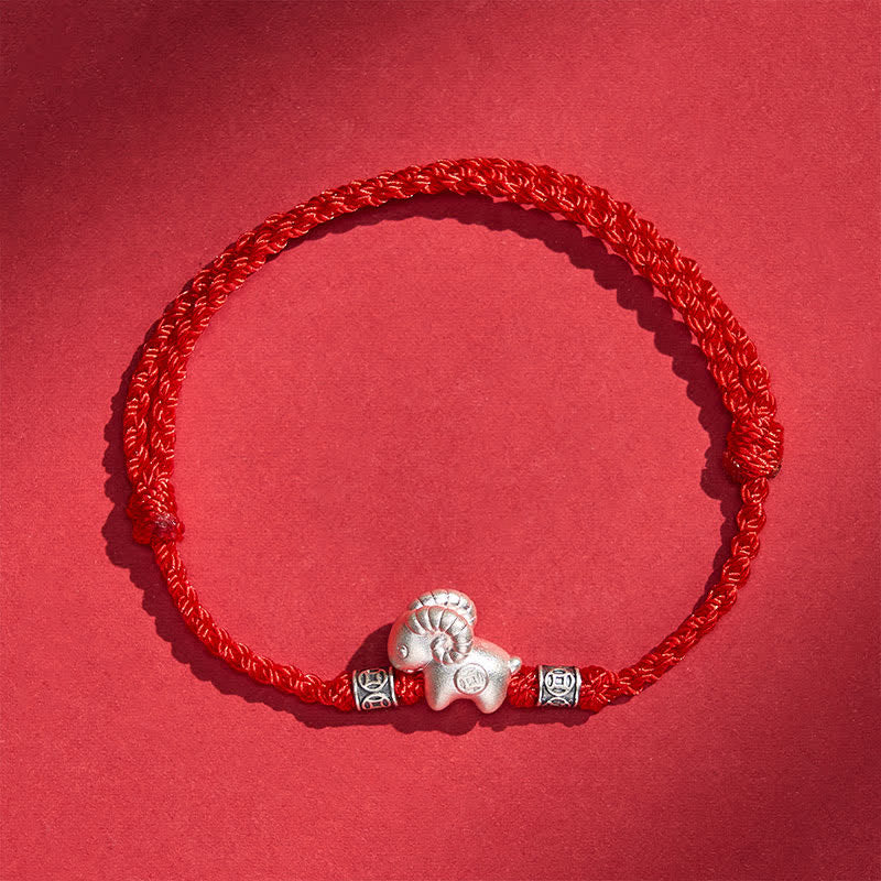 Buddha Stones Pulsera de plata de ley 999 con diseño de oveja y cuerda de fuerza del Año de la Cabra - image 1