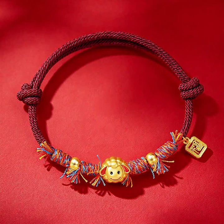 Buddha Stones Pulsera de bendición con dije de cabra y personaje Fu de hilo rojo tejida a mano - Rojo oscuro - image 0