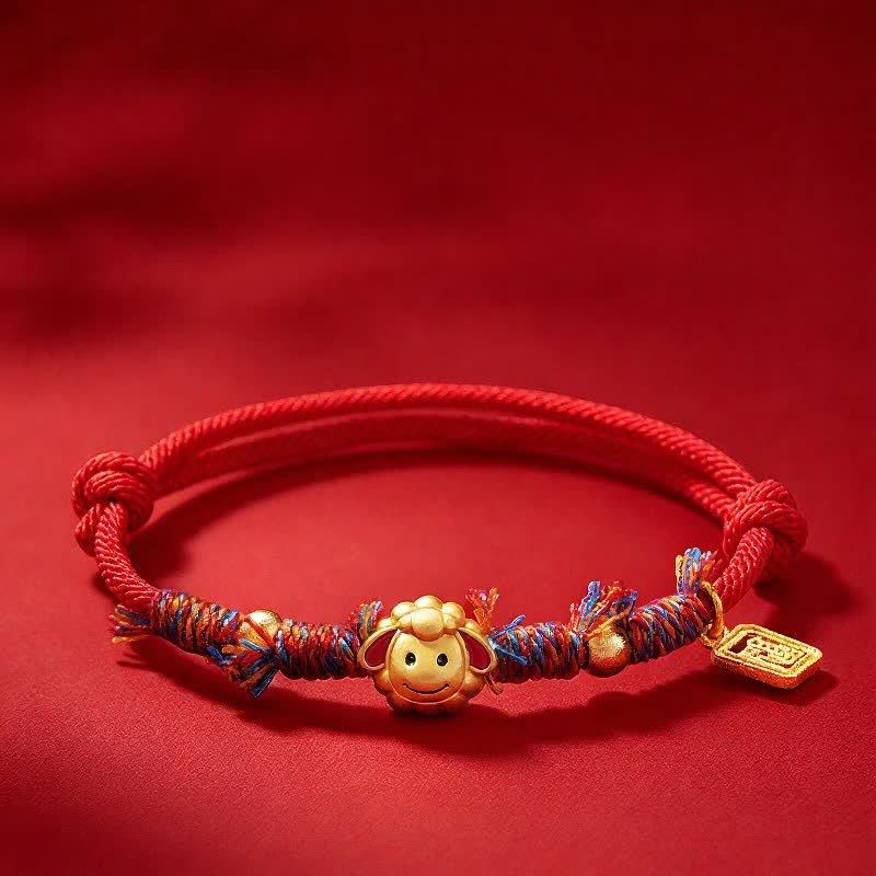 Buddha Stones Pulsera de bendición con dije de cabra y personaje Fu de hilo rojo tejida a mano - image 3