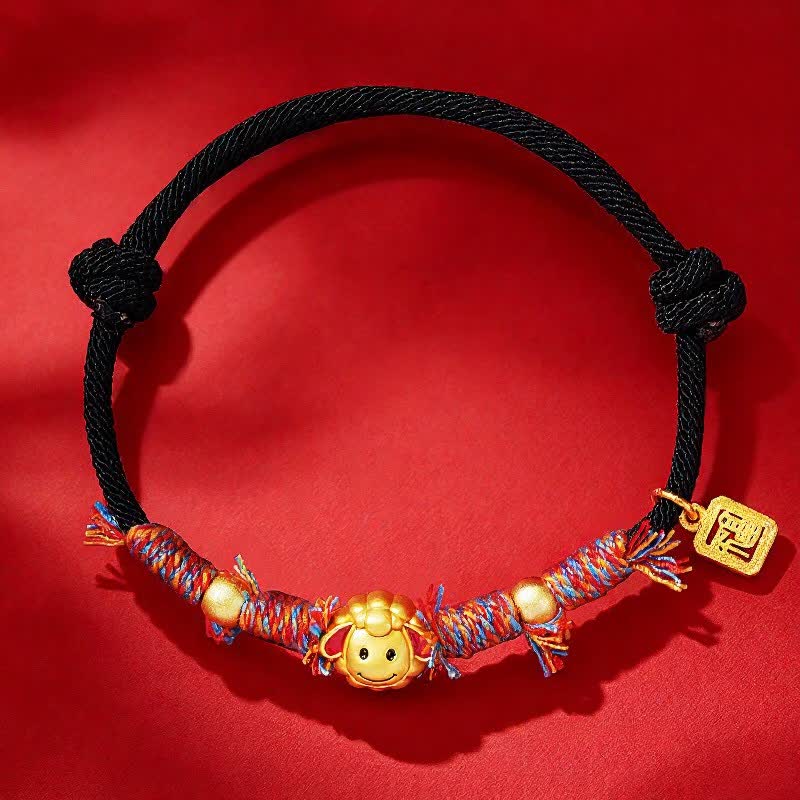 Buddha Stones Pulsera de bendición con dije de cabra y personaje Fu de hilo rojo tejida a mano - Negro - image 1