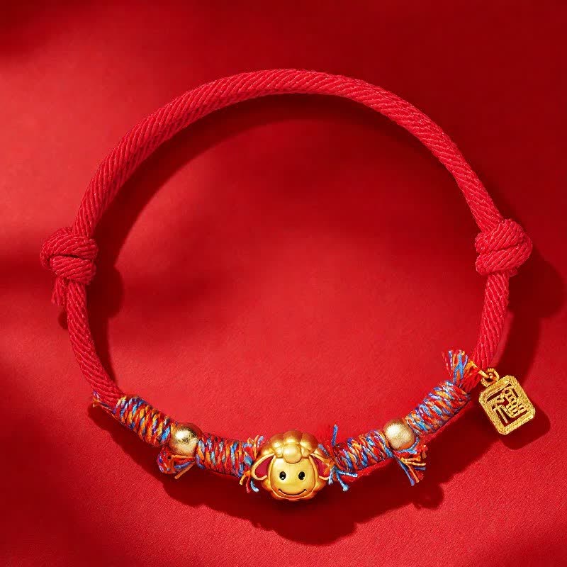 Buddha Stones Pulsera de bendición con dije de cabra y personaje Fu de hilo rojo tejida a mano - Rojo - image 2