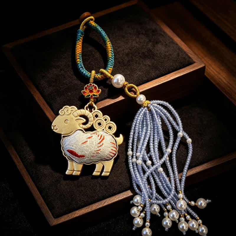 Buddha Stones Llaveros de pureza con borla de perlas de cabra y brocado de loto - Blanco - image 4