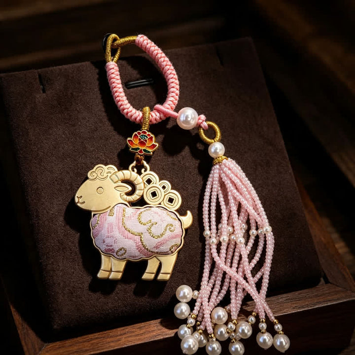Buddha Stones Llaveros de pureza con borla de perlas de cabra y brocado de loto - Rosa - image 3
