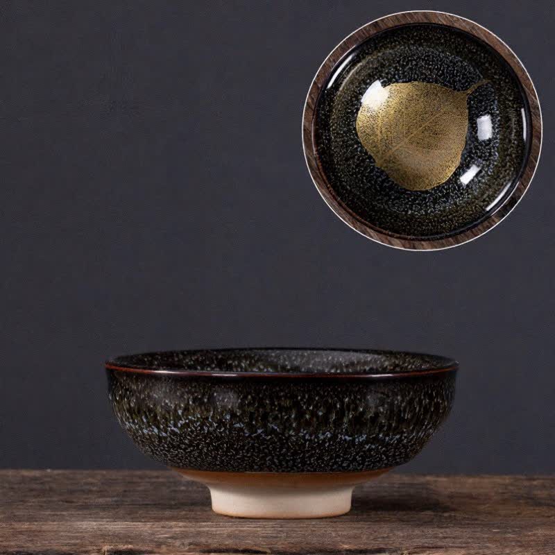 Buddha Stones Taza de té de cerámica con diseño de hoja de arce moteada oscura - Hoja negra - image 7