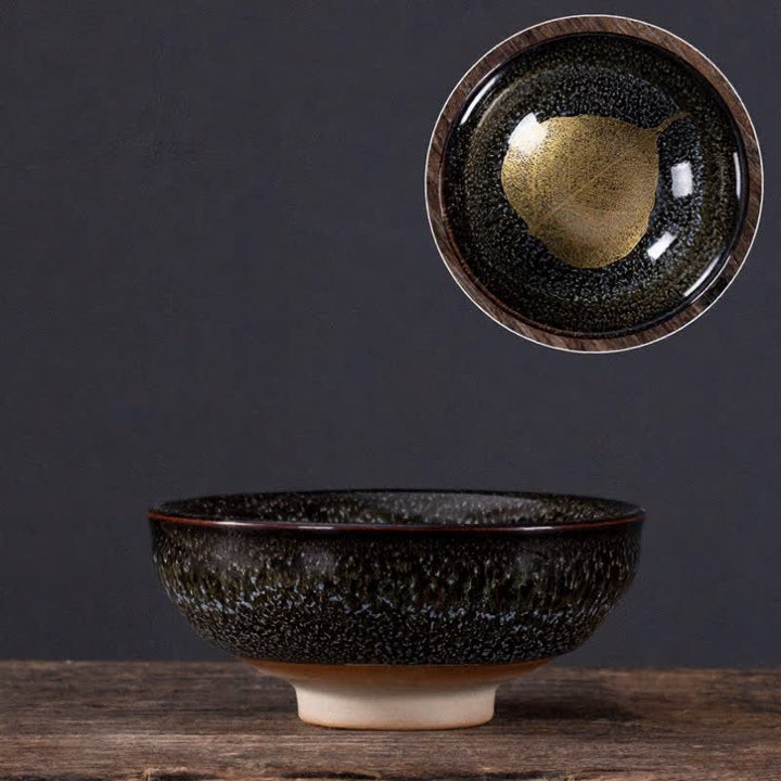 Buddha Stones Taza de té de cerámica con diseño de hoja de arce moteada oscura - Hoja negra - image 7