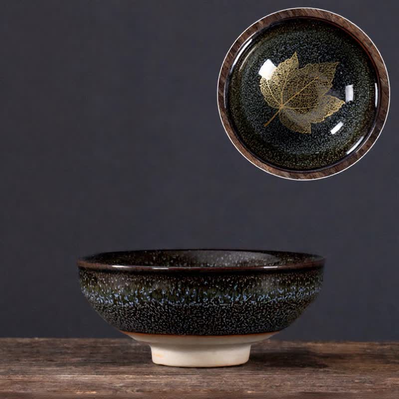Buddha Stones Taza de té de cerámica con diseño de hoja de arce moteada oscura - Hoja de arce azul oscuro - image 2