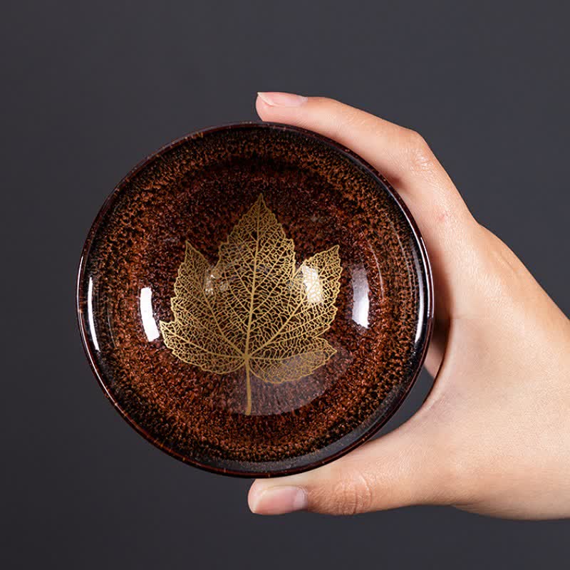 Buddha Stones Taza de té de cerámica con diseño de hoja de arce moteada oscura - image 10