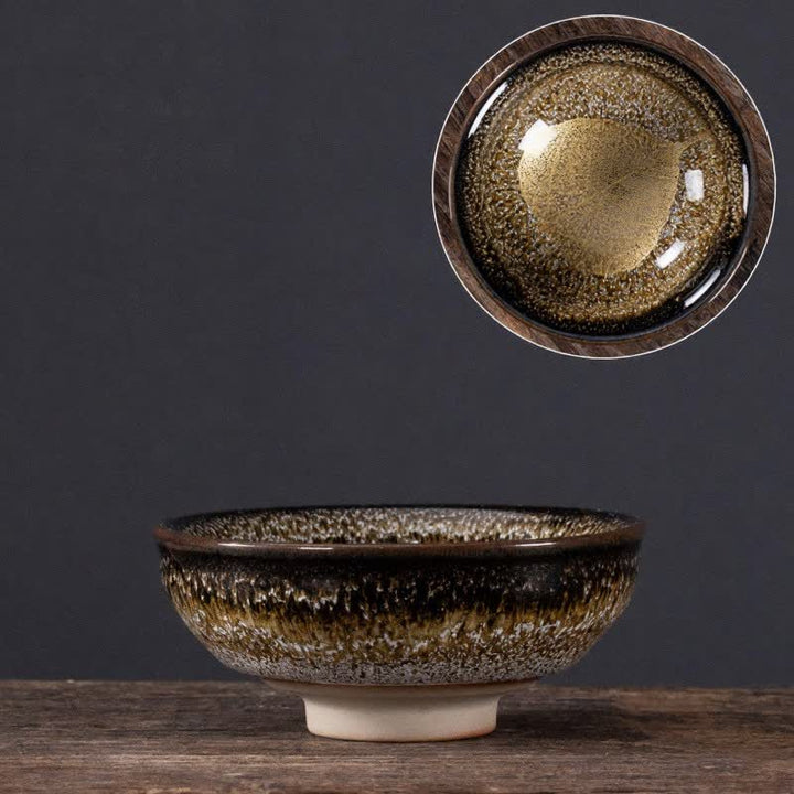 Buddha Stones Taza de té de cerámica con diseño de hoja de arce moteada oscura - Hoja amarilla - image 4
